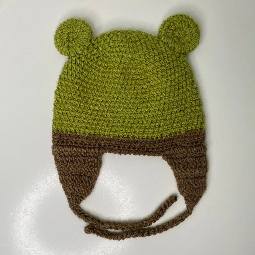 Kids Crochet Frog Hat Green Brown Ear Flaps Winter Beanie Cap Unisex‎
